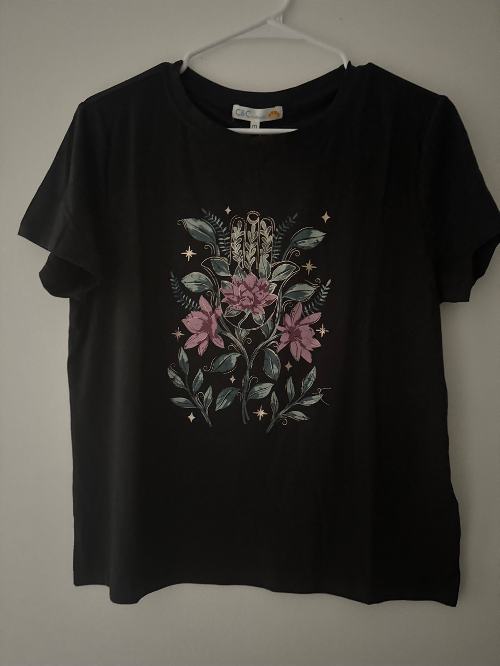 C&C California Black Tee with Pink Floral and Teal Leaves
